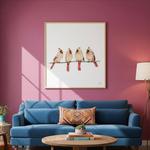 Girlfriends Art Print featuring four cardinal birds on a branch