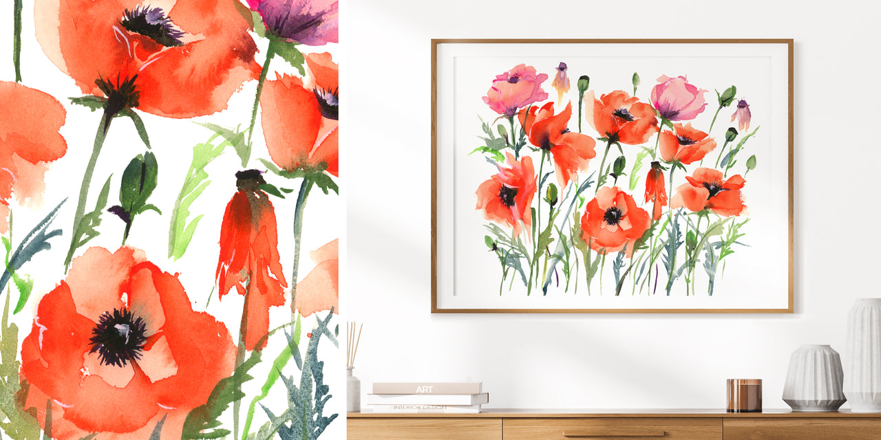 Poppy Garden watercolour art print by Senay