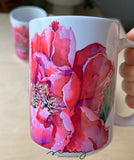 beautiful peony flower in fuchsia colour on both sides of the mug, 15oz coffee mug, all over print, microwave and dishwasher safe