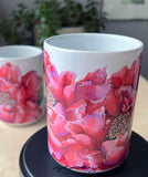 beautiful peony flower in fuchsia colour on both sides of the mug, 15oz coffee mug, all over print, microwave and dishwasher safe