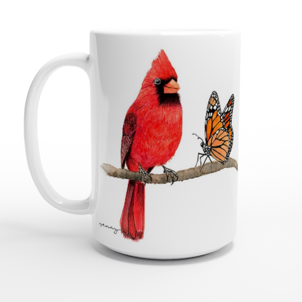 Red Cardinal Bird and Monarch Butterfly Mug 15oz